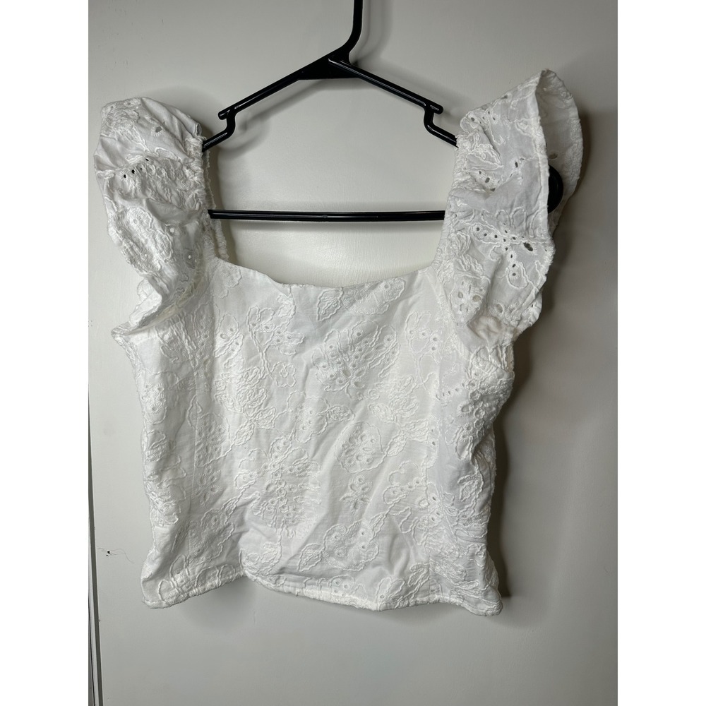 Sofia Jeans by Sofia Vergara White Eyelet Ruffle Sleeve Smocked Crop Top Small